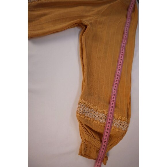 American Eagle Embroidered Mustard Yellow Peasant Blouse With Tassel Tie Neck S - Picture 12 of 12